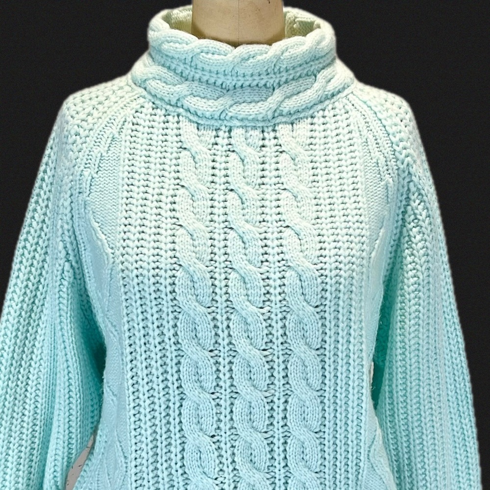 VINTAGE 80s cable sweater turtleneck pastel‎ seafoam teal aqua chunky knit 90s